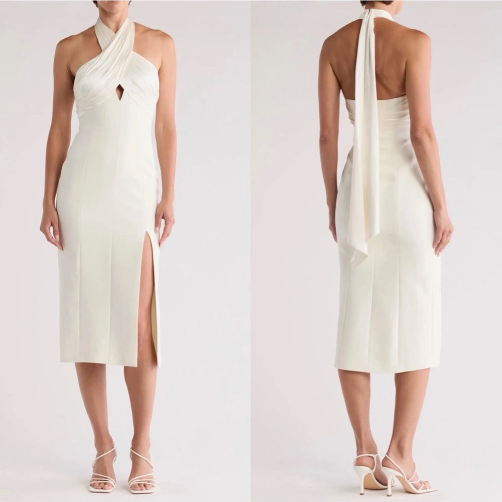 NWT Cinq a Sept Archer Dress Ivory Satin Halter Neck Slit Midi Cocktail Dress